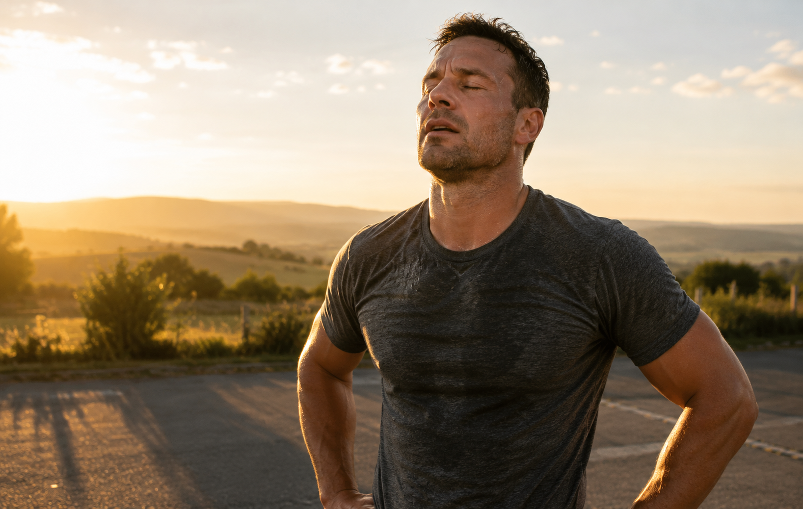 Man with visible strength and energy standing in early morning light after training - the look of someone who has their edge back