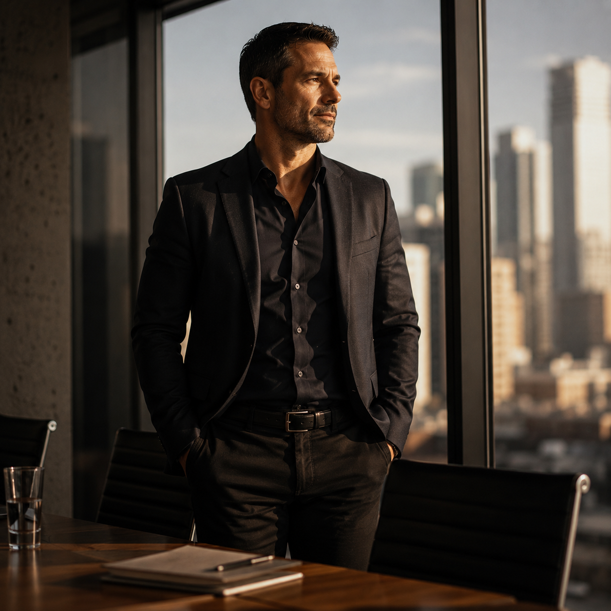 Man sitting with total composure and sharp presence - the quiet authority that comes with optimised testosterone