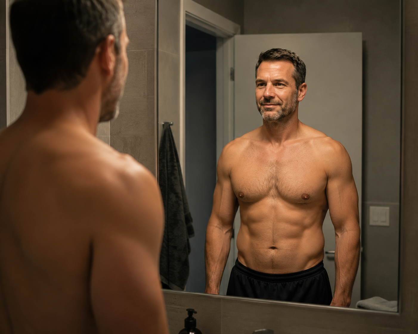 Man looking at his reflection with quiet disbelief and satisfaction - the moment a man realises he has reclaimed who he was
