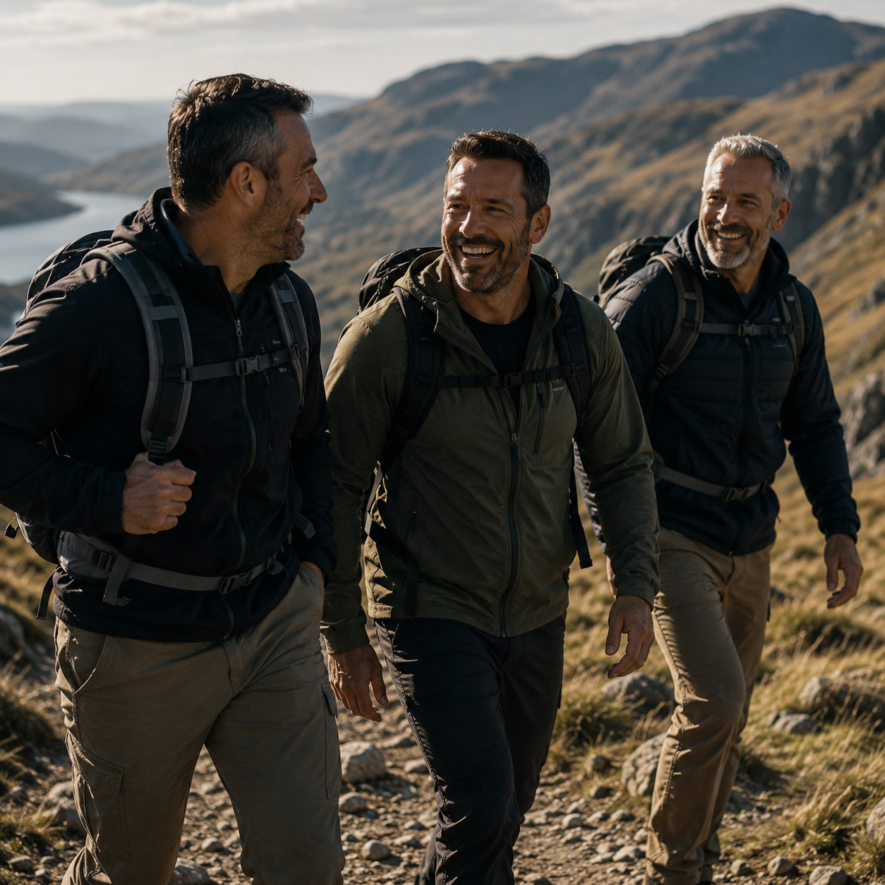 Group of men laughing and moving freely together - fully present and energised in their bodies and their lives