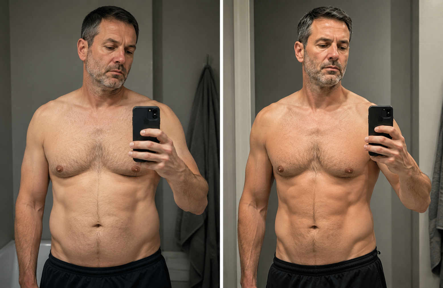 Honest before and after showing a man visibly leaner, stronger and more energised after following the Testosterone Surge programme