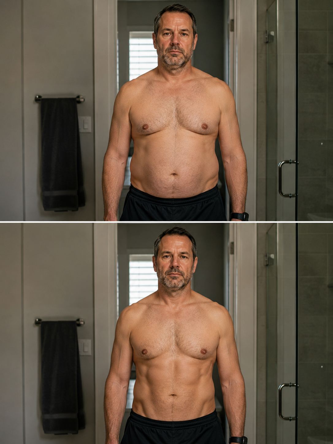Before and after showing a man visibly leaner, more muscular and more confident after following Testosterone Surge