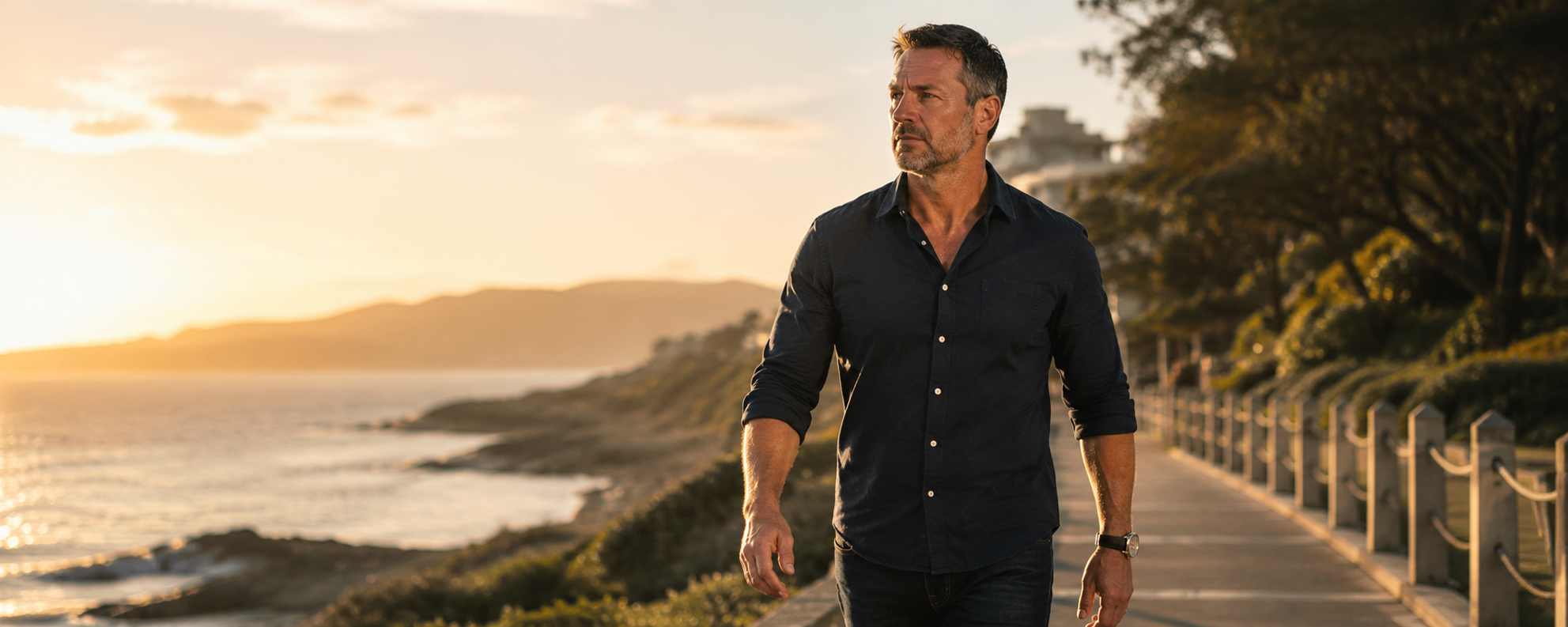 Man walking with total physical presence and energy in warm golden light - the look of someone operating at peak testosterone