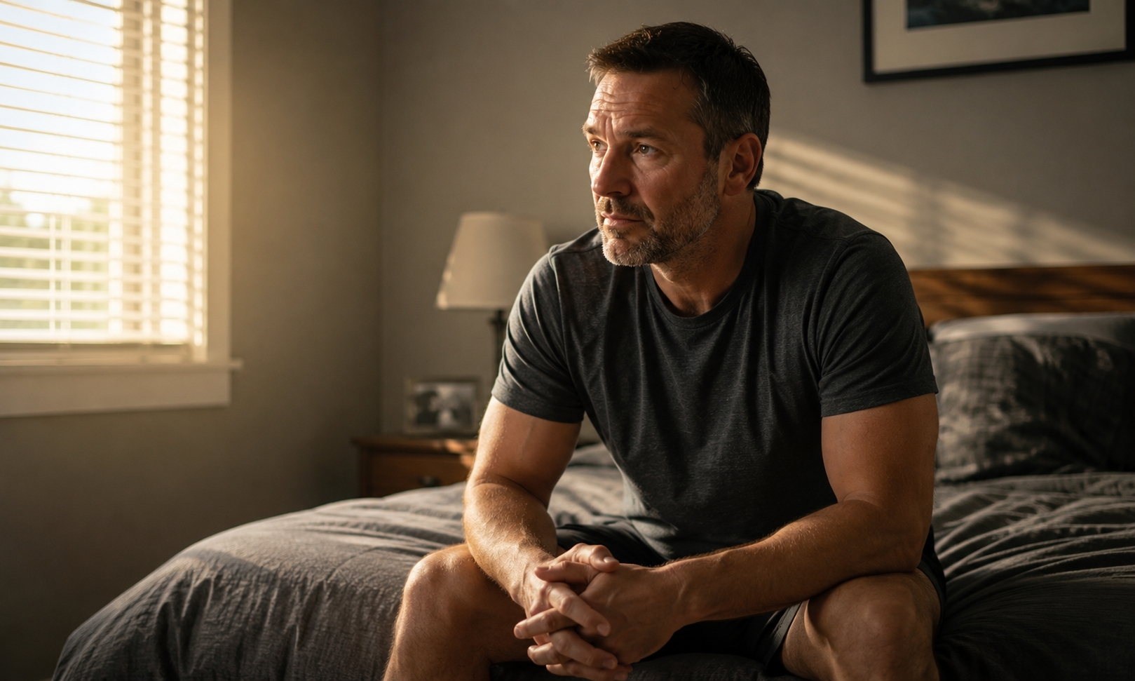 Man sitting on the edge of his bed in the morning with quiet, private determination - the look of a man who has decided today is different
