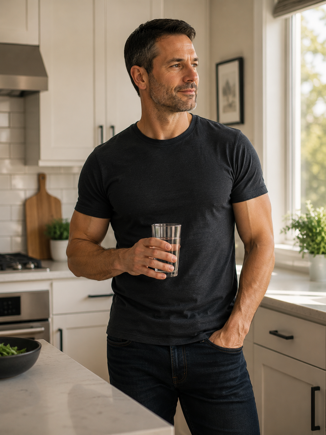 Man with lean, defined physique standing confidently in his kitchen - the result of eating to support testosterone production