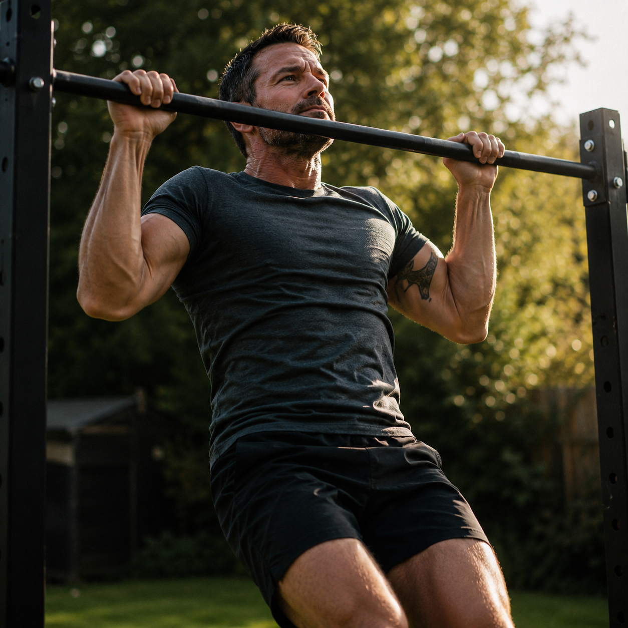 Man training with raw intensity in morning light - completely alive in his body, driven by energy he has reclaimed